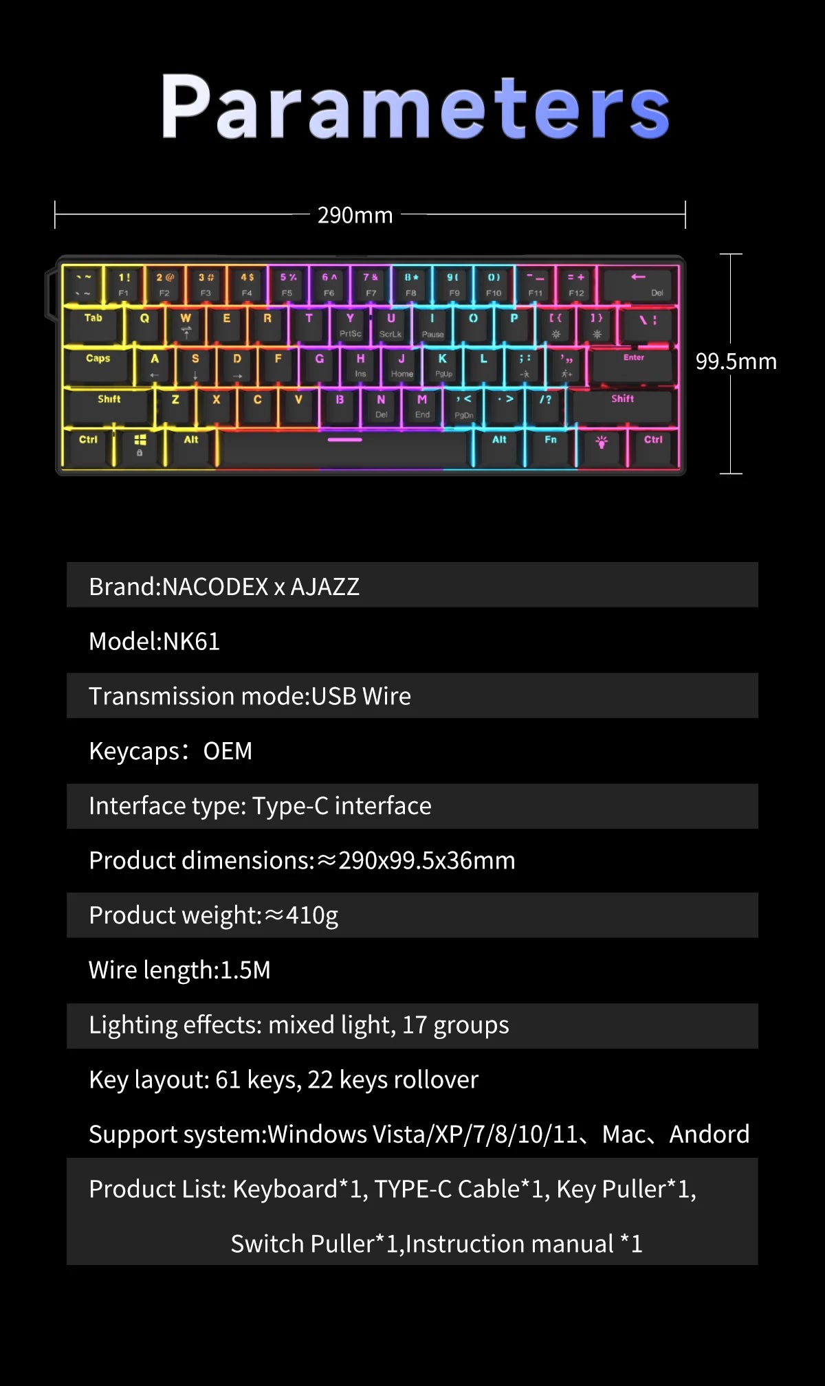 NACODEX NK61 Mechanical Wired Gaming Keyboard RGB